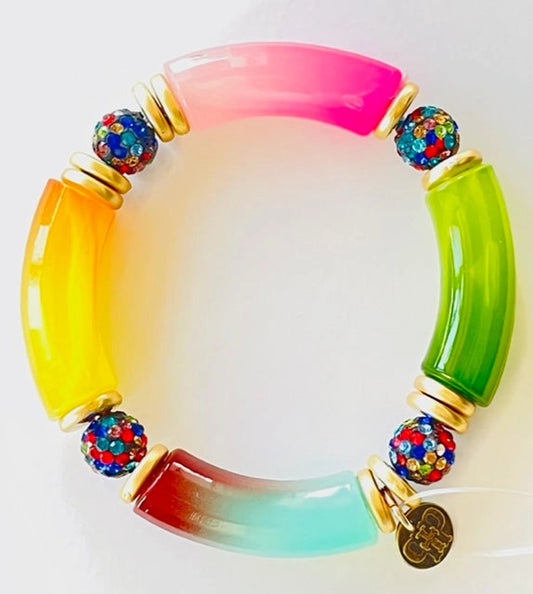 Multi-Color Bamboo Tube Bead with Multi-Color Pave Ball Bracelet