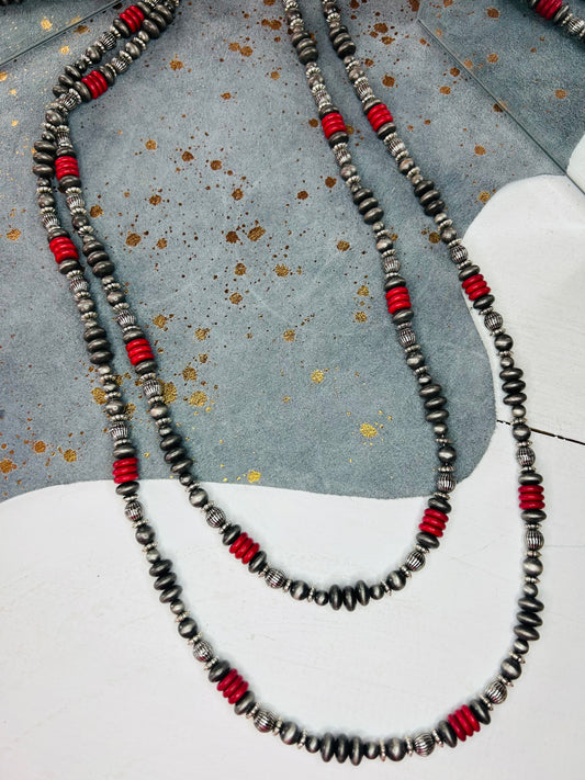 66” Faux Navajo Pearl, Red and Melon Necklace