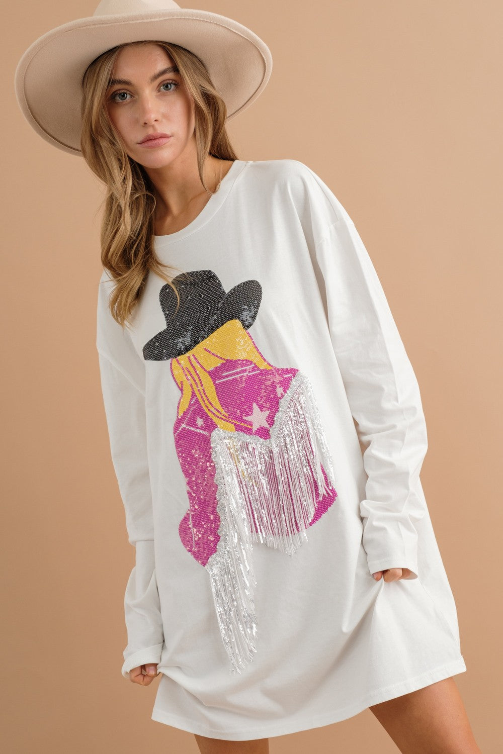 Long Sleeve Cowgirl Fringe Sequin T-Shirt